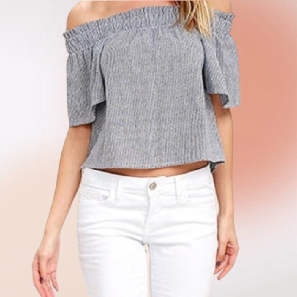 Lulu’s Off the Shoulder Gray‎ and White Railroad Stripe Cotton Crop Top S